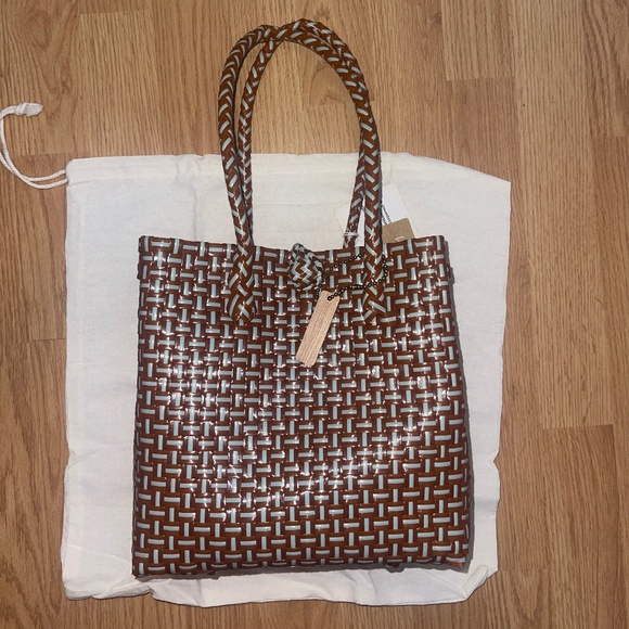 NWT Pink Haley Brown and Blue Handmade Recycled Plastic Woven Tote - Picture 2 of 8